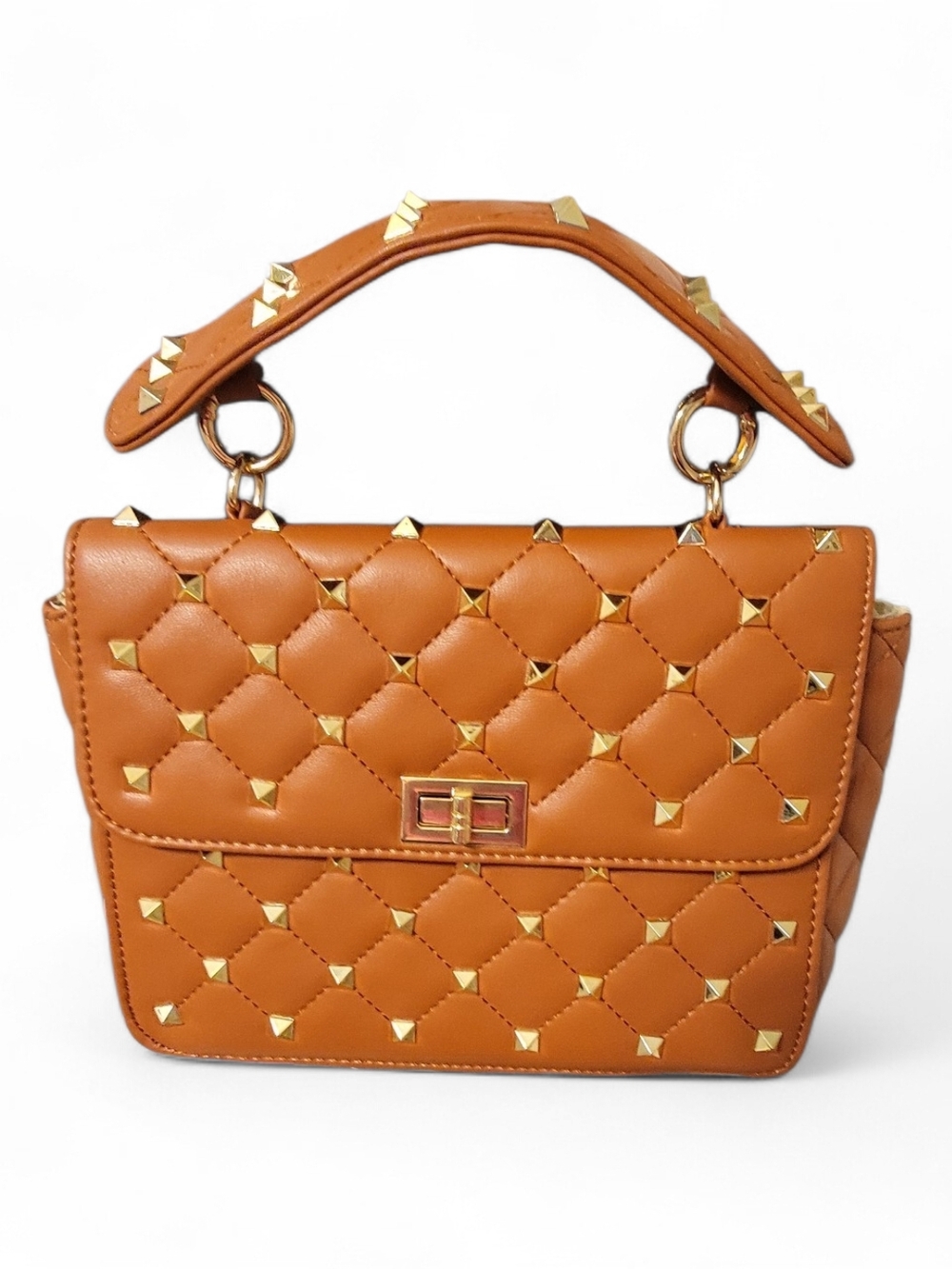 Studded Quilted Top-Handle Satchel in Tan